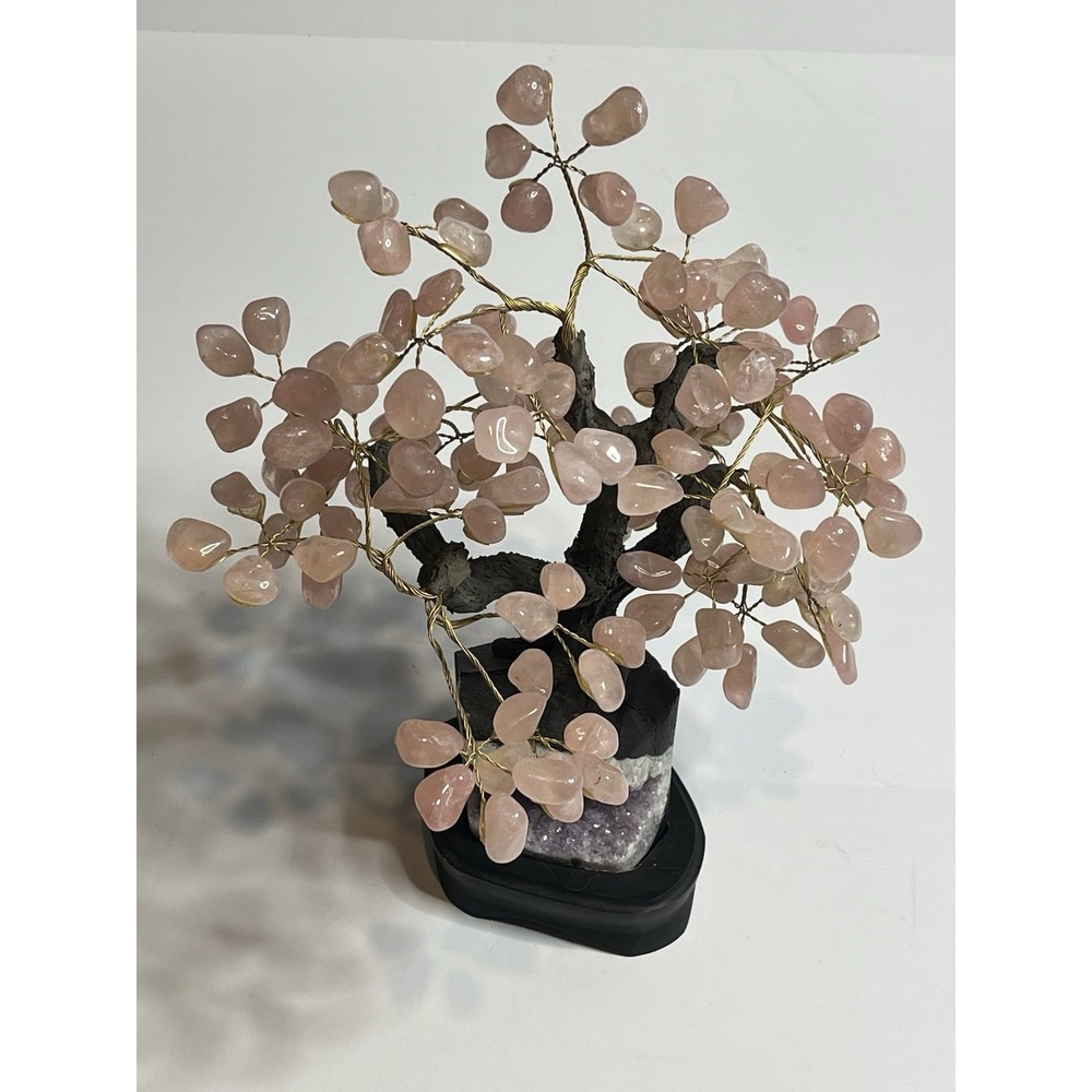 Rose Quartz Clustered Gemstone Bonsai Love Tree With Amethyst Matrix Base